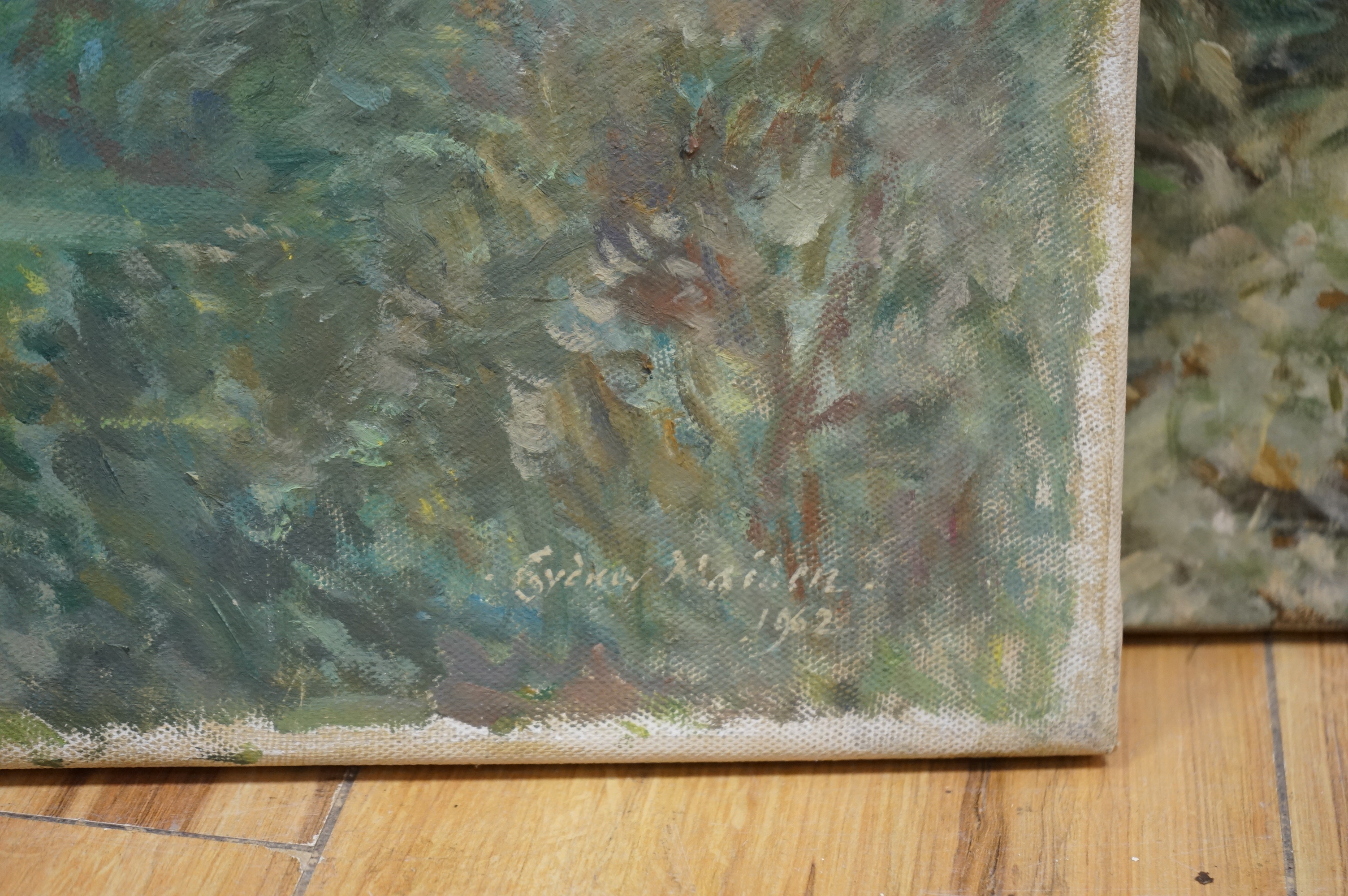 Sydney Maiden (1893-1963), landscape with a church, signed and dated 1962, Modern British oil on canvas, unframed, 51 x 61cm